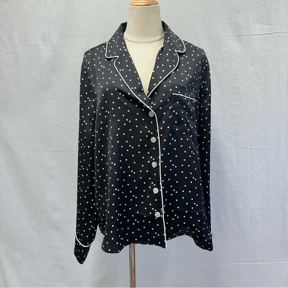 J. Crew black polka dot satin pajama style‎ blouse button up top size Large